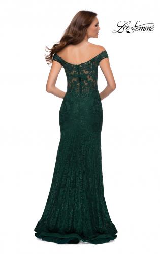 Picture of: Lace Off the Shoulder Gown with Deep V Neckline in Emerald, Style 29693, Back Picture