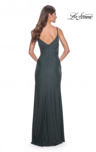 Picture of: Simple Jersey Gown with Deep V Neckline and Ruching in Emerald, Style: 32115, Back Picture