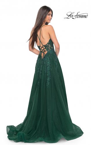 Picture of: Lace Embellished A-line Dress with Lace Up Back in Emerald, Style: 32147, Back Picture