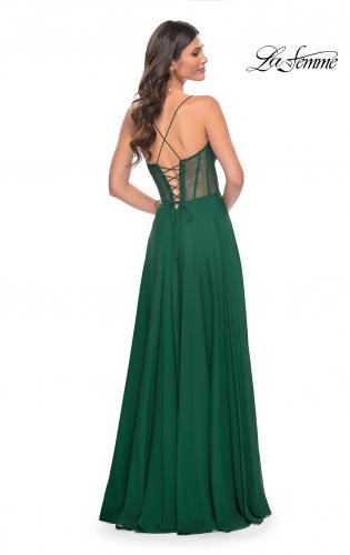 Picture of: Chiffon Gown with Illusion Bustier Top and Lace Up Back in Green, Style: 32296, Back Picture