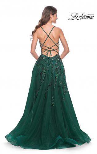 Picture of: Fabulous A-Line Gown Embellished with Sequin Beaded Applique in Jewel Tones in Emerald, Style: 32346, Back Picture