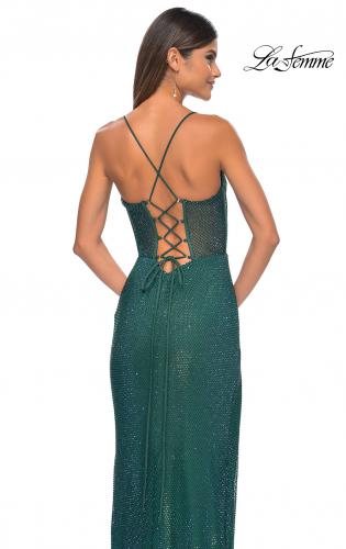 Picture of: Fishnet Rhinestone Fitted Dress with Bustier Top and High Neckline in Emerald, Style: 32446, Back Picture