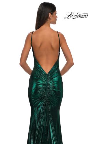 Picture of: Metallic Jersey Dress with Low Back and Ruching in Emerald, Style: 32932, Detail Picture 20