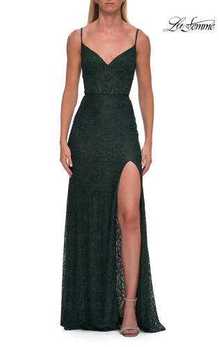 Picture of: Rhinestone Lace Gown with Sheer Bodice and Side Slit in Emerald, Style: 33442, Detail Picture 21