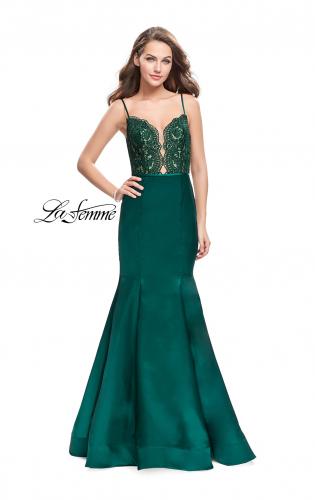 Picture of: Mikado Prom Dress with Lace Beaded Bodice and Low Back in Emerald, Style: 25751, Detail Picture 1