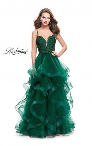 Picture of: Long Ball Gown with Tulle Skirt and Beaded Lace Bodice in Emerald, Style: 25857, Detail Picture 1