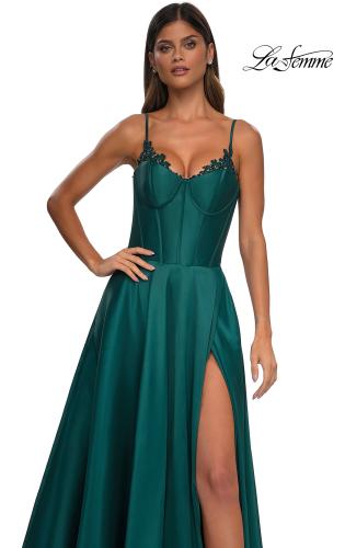 Picture of: Mikado A-line Gown with Lace Detail Neckline in Emerald, Style: 32878, Detail Picture 30