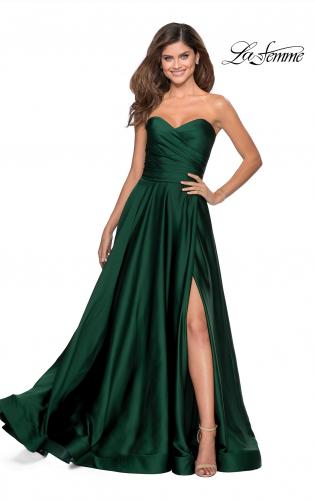 Picture of: Strapless Satin Gown with Pleated Bodice and Slit in Emerald, Style: 28608, Detail Picture 2