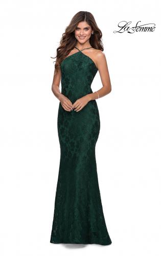 Picture of: Open Back Jersey Prom Dress with High Neckline in Emerald, Style: 28619, Detail Picture 2