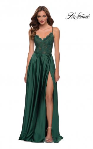 Picture of: Satin and Lace Prom Dress with Sheer Bodice in Emerald, Style 29760, Detail Picture 2