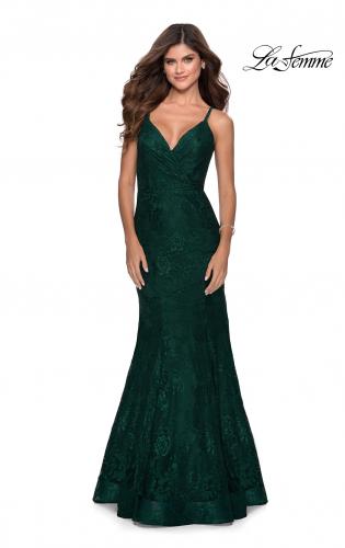 Picture of: Mermaid Lace Prom Dress with Faux Wrap Top in Emerald, Style: 28564, Detail Picture 3