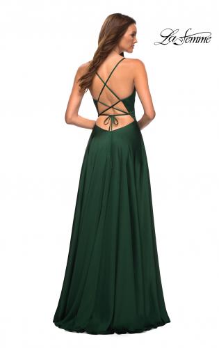 Picture of: Satin Jewel Tone Gown with Criss-Cross Ruched Top in Green, Style: 30512, Detail Picture 3