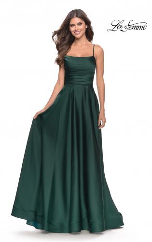 Picture of: A Line Satin Gown with Ruching and Square Neckline in Emerald, Style: 31105, Detail Picture 3