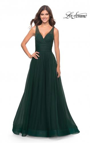 Picture of: Tulle Ball Gown with High Slit and V Neckline in Emerald, Style: 31149, Detail Picture 3