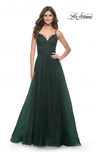 Picture of: Simple Tulle A-LIne Prom Dress with Ruched Illusion Bodice in Emerald, Style: 32130, Detail Picture 3