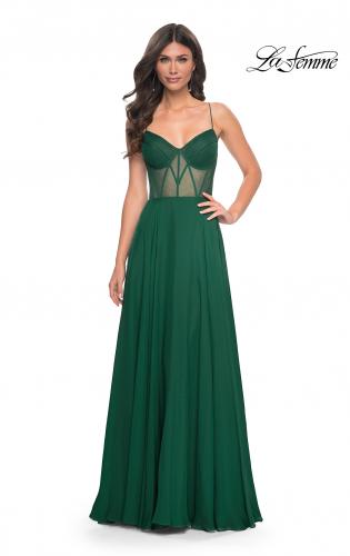 Picture of: Chiffon Gown with Illusion Bustier Top and Lace Up Back in Green, Style: 32296, Detail Picture 3