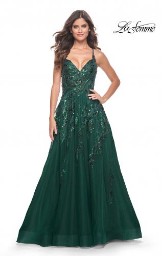 Picture of: Fabulous A-Line Gown Embellished with Sequin Beaded Applique in Jewel Tones in Emerald, Style: 32346, Detail Picture 3