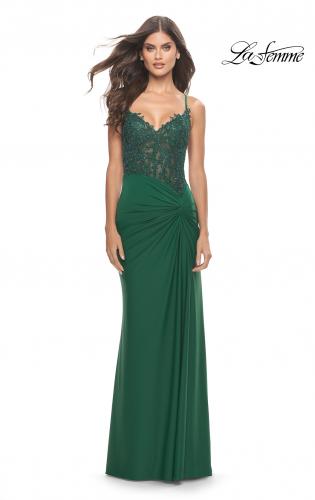 Picture of: Lace Asymmetrical Gown with Jersey Skirt and Twist Knot Detail in Emerald, Style: 31520, Detail Picture 6