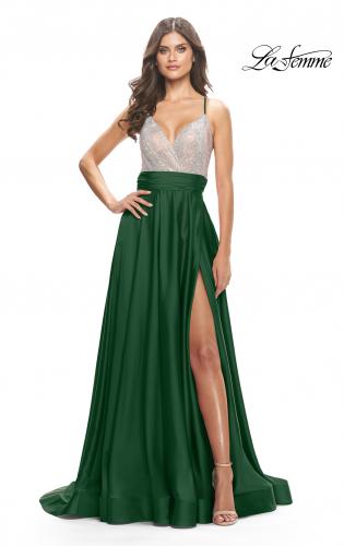 Picture of: Satin Gown with Sheer Rhinestone Bodice in Emerlad, Style: 31592, Detail Picture 2