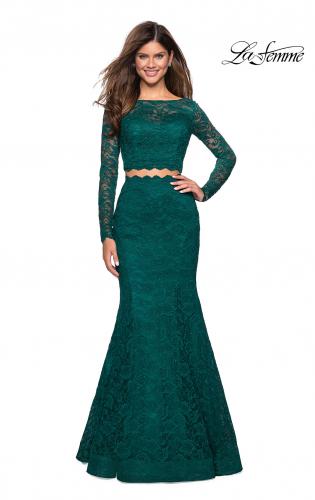 Picture of: Stretch Lace Long Sleeve Two Piece Prom Dress in Forest Green, Style: 27601, Main Picture