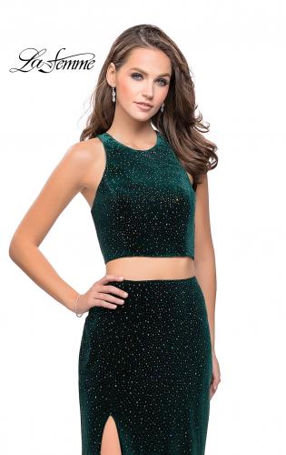 Picture of: Two Piece Velvet Prom Dress with Open Back and Leg Slit in Forest Green, Style: 25464, Detail Picture 1