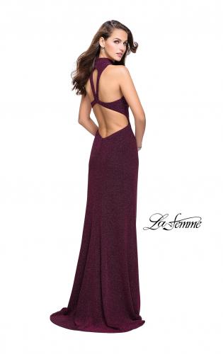 Picture of: Sparkly Jersey Long Dress with High Neckline and Front Slit in Fuchsia, Style: 25404, Back Picture