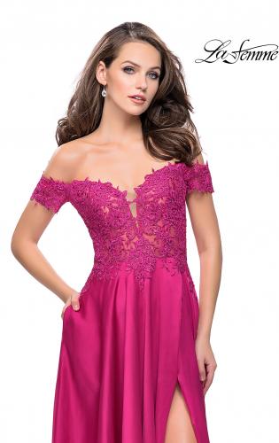 Picture of: A-line Off the Shoulder Satin Dress with Beaded Lace Bodice in Fuschia, Style: 25694, Detail Picture 1