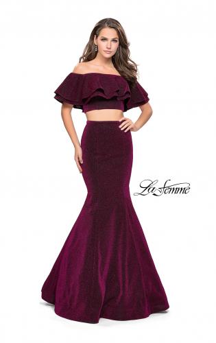 Picture of: Long Sparkling Off the Shoulder Jersey Prom Dress in Fuchsia, Style: 26324, Detail Picture 1