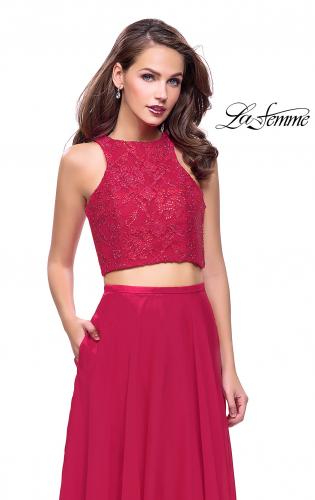 Picture of: Two Piece Prom Gown with Beaded lace Top and Pockets in Fuchsia, Style: 26087, Detail Picture 2