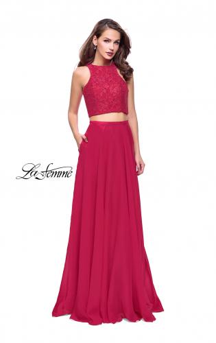 Picture of: Two Piece Prom Gown with Beaded lace Top and Pockets in Fuchsia, Style: 26087, Detail Picture 2