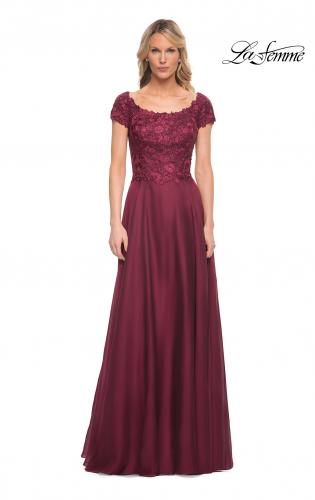 Picture of: Short Sleeve Chiffon Dress with Lace Bodice in Garnet, Style: 26550, Main Picture