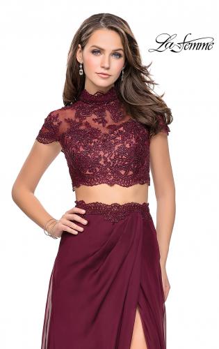 Picture of: Chiffon Two Piece Gown with Lace Top and Belt Detail in Garnet, Style: 25384, Main Picture