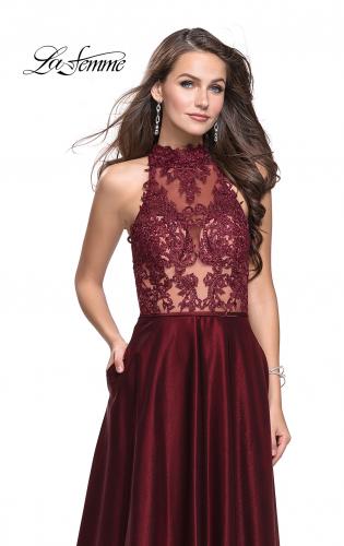 Picture of: Long Prom Dress with Satin A-line Skirt and Beading in Garnet, Style: 25617, Detail Picture 1