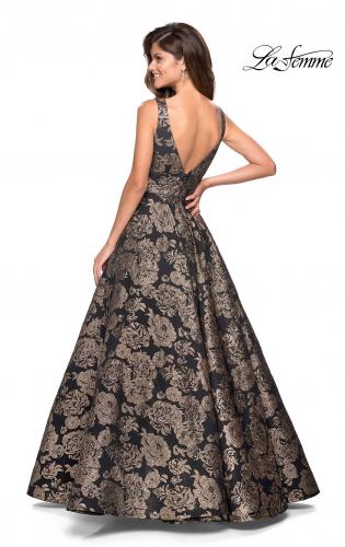 la femme metallic floral embellished evening dress