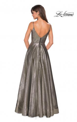 Picture of: Metallic A-line Prom Gown with Side Leg Slit in Gold Black, Style: 27619, Back Picture