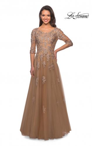 Picture of: A-line Gold Evening Gown with V Neckline in Gold, Detail Picture 1