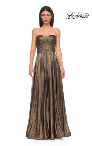 Picture of: Textured Chiffon Flowy Strapless Evening Dress in Gold , Style 32382, Detail Picture 8