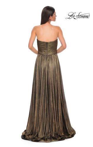 Picture of: Textured Chiffon Flowy Strapless Evening Dress in Gold , Style 32382, Detail Picture 9
