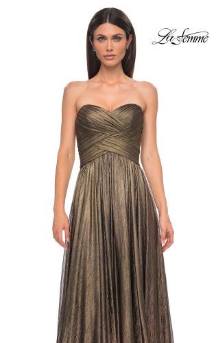 Picture of: Textured Chiffon Flowy Strapless Evening Dress in Gold , Style 32382, Detail Picture 14