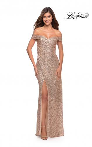 Picture of: Off the Shoulder Ruched Sequin Dress with Slit, Style: 29831, Detail Picture 2