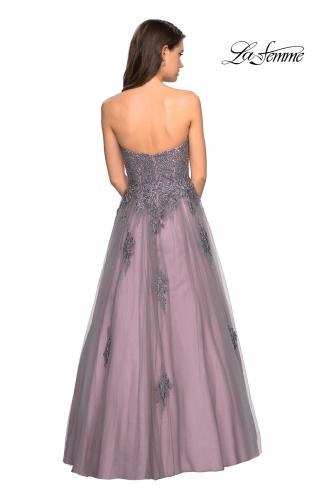 Picture of: Tone Tone Tulle Prom Gown with Floral Appliques in Grey/Pink, Style: 27767, Back Picture