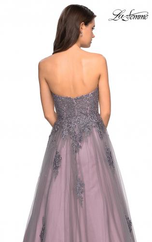 Picture of: Tone Tone Tulle Prom Gown with Floral Appliques in Grey/Pink, Style: 27767, Detail Picture 2
