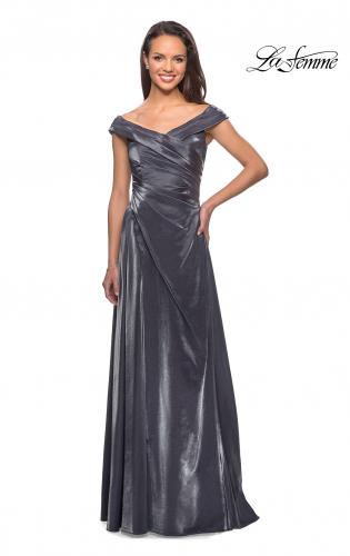 Picture of: Off the Shoulder Satin Gown with Ruching in Gunmetal, Style: 27846, Main Picture