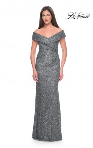 Picture of: Off the Shoulder Beaded Lace Evening Gown in Gunmetal, Style: 31679, Main Picture
