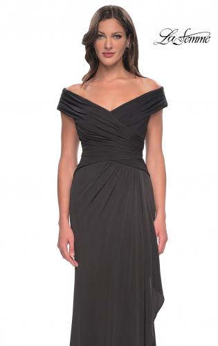Picture of: Long Luxurious Jersey Off the Shoulder Evening Gown in Gunmetal, Style: 30040, Detail Picture 9