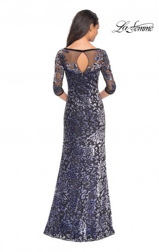 Picture of: Velvet Dress with 3/4 Sleeves and Sheer Neckline in Gunmetal, Style: 25521, Back Picture