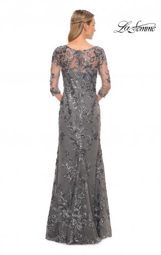 Picture of: Exquisite Lace Beaded Long GOwn with Sheer Sleeves in Silver, Style: 29976, Back Picture