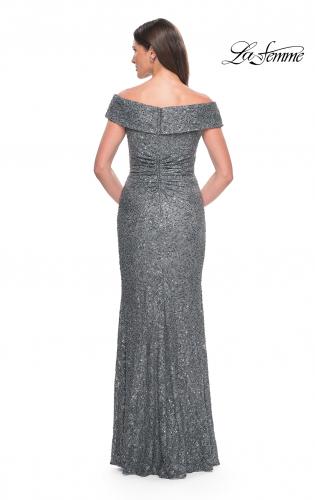 Picture of: Off the Shoulder Beaded Lace Evening Gown in Gunmetal, Style: 31679, Back Picture