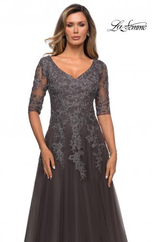 Picture of: Long A-line Dress with Lace Bodice and V-neck in Gunmetal, Style: 27993, Detail Picture 1