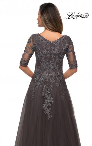 Picture of: Long A-line Dress with Lace Bodice and V-neck in Gunmetal, Style: 27993, Detail Picture 2